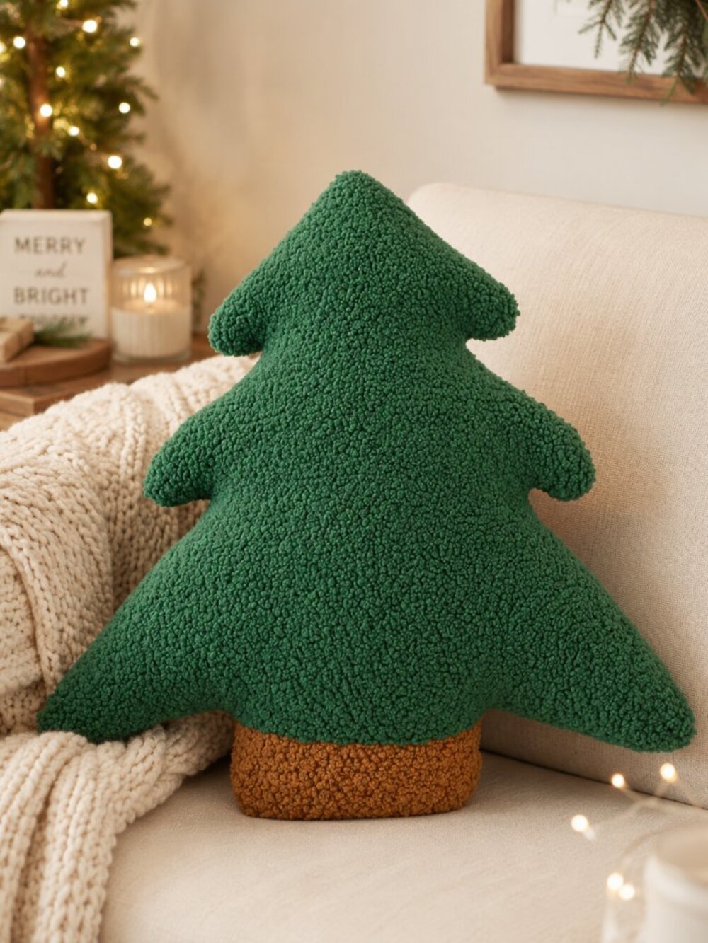 New Green Christmas Tree Boucle Throw Pillow 19x17 Holiday Decor